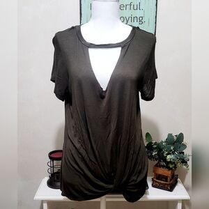 Woman's Olive Green Deep V-Neck Tie Knot Waist Top